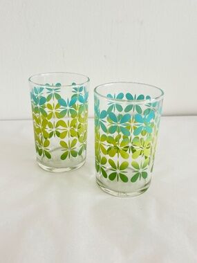 Vintage Federal Glass SET OF TWO Mid Century drinking glasses floral design